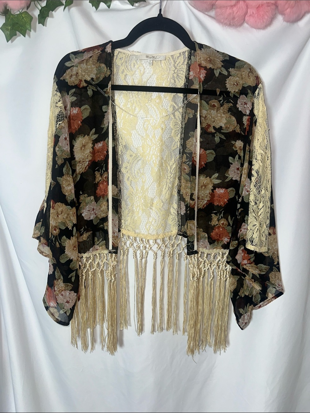 Miss Me Black Floral Lace Fringe Kimono with Cream Accents